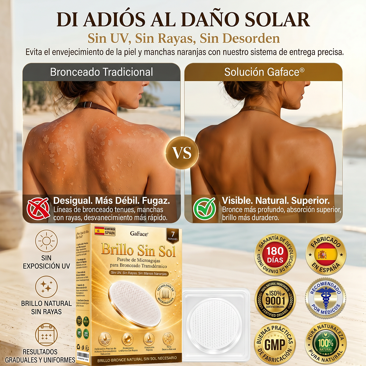 🌞🍫Gaface®| Consigue un bronceado natural y radiante sin sol con nuestra tecnología transdérmica.